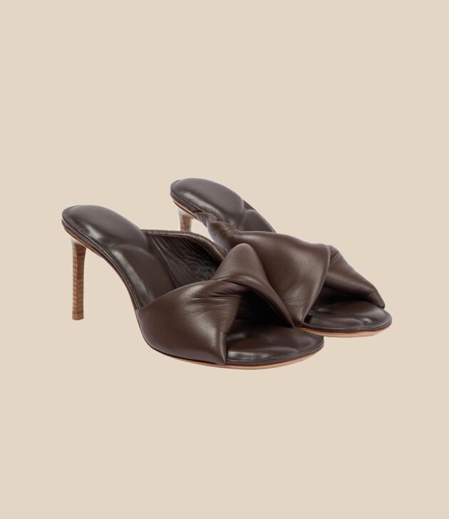 Chocolate ruched leather heeled mules